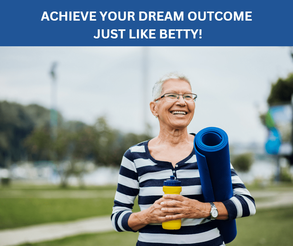 Picture of a smiling retired lady holding exercise mat and water bottle.